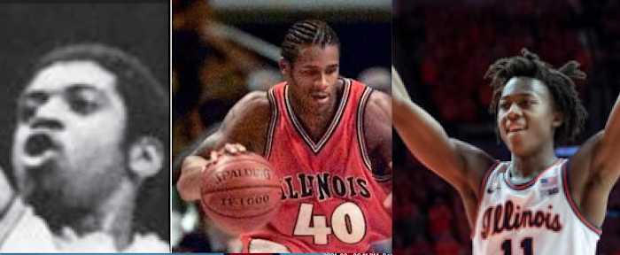 The three players in Illinois basketball history to record a triple-double are Mark Smith (left) in 1979, Sergio McClain (middle) in 2001 and Ayo Dosunmu (right) in 2021.